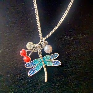 Lucky Brand Dragonfly Charm Necklace Cherry Red Blue Accents Silver Tone